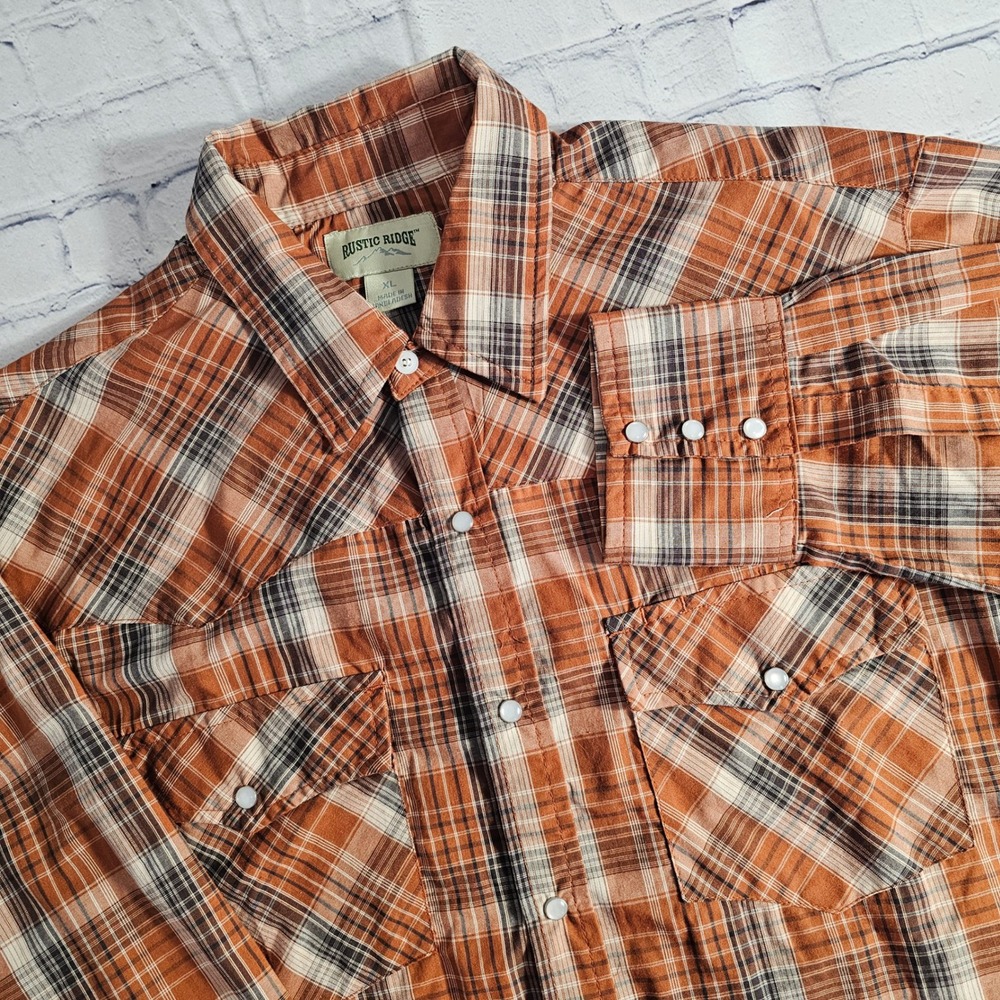 Rustic Ridge Plaid‎ Snap Front Long Sleeve Western Shirt Mens XL Orange